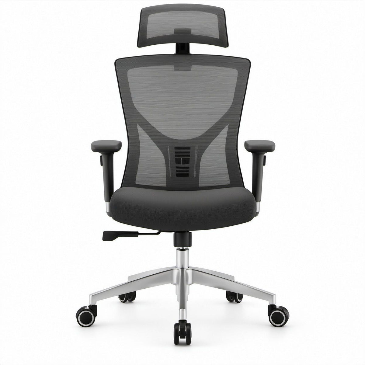 Ergonomischer Bürostuhl mit Kopfstütze, Netzrücken und Armlehnen, Schwarz/Silber, 66 x 66 x 118–128 cm