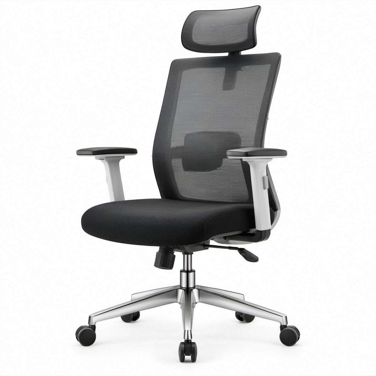 Ergonomischer Drehstuhl Schwarz/Grau/Silber mit Netzrücken, Kopfstütze und Rollen, 65 x 65 x 118–128 cm