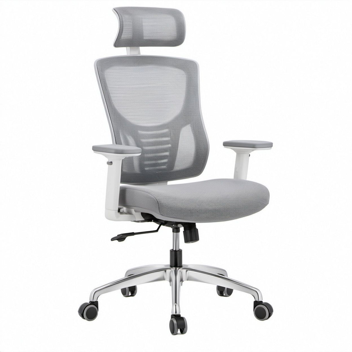 Ergonomischer Bürostuhl mit Kopfstütze, Hellgrau/Weiß/Silber/Schwarz, 66 x 66 x 118–128 cm