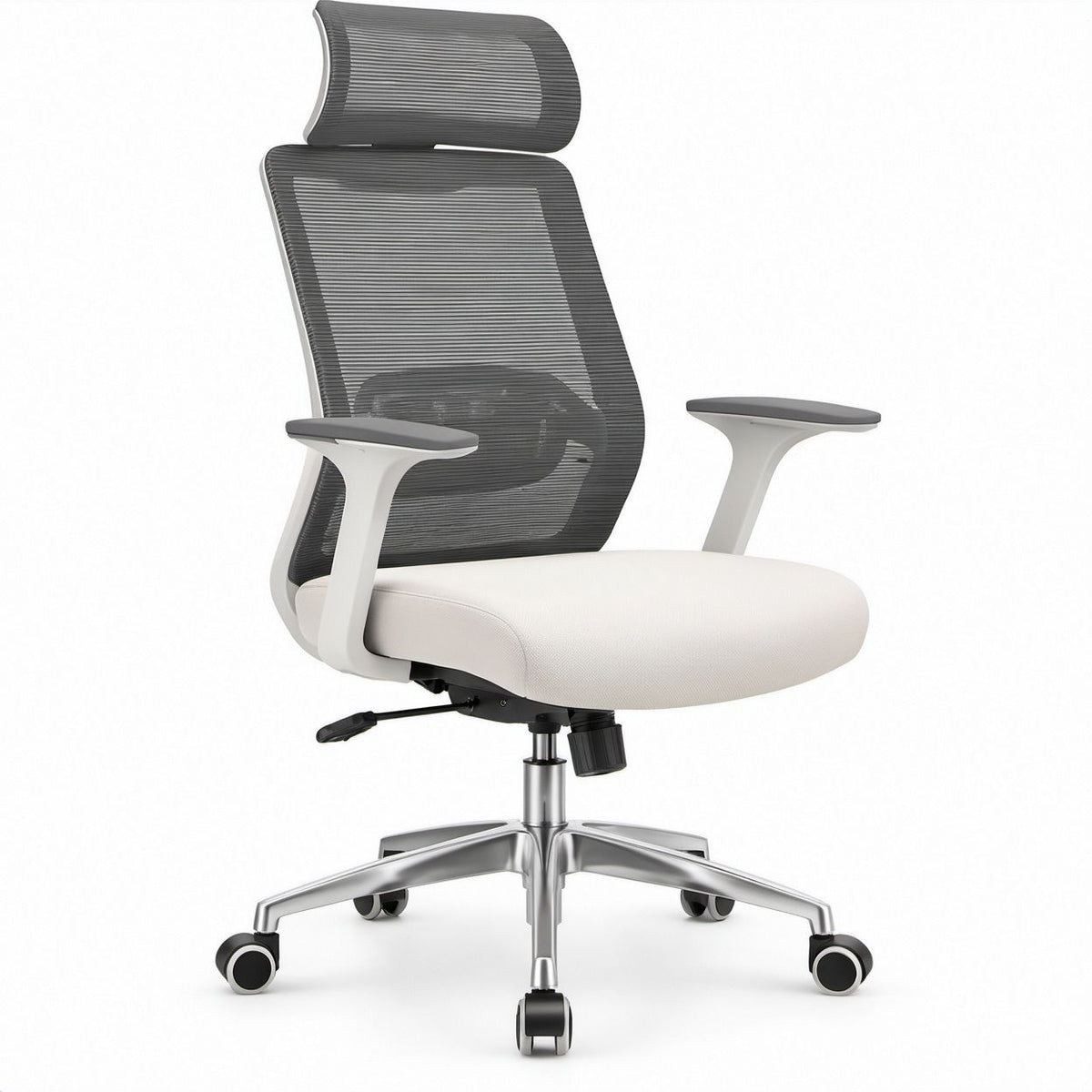 Ergonomischer Drehstuhl mit Kopfstütze, Schwarz/Weiß/Silber, 65 x 65 x 118–128 cm