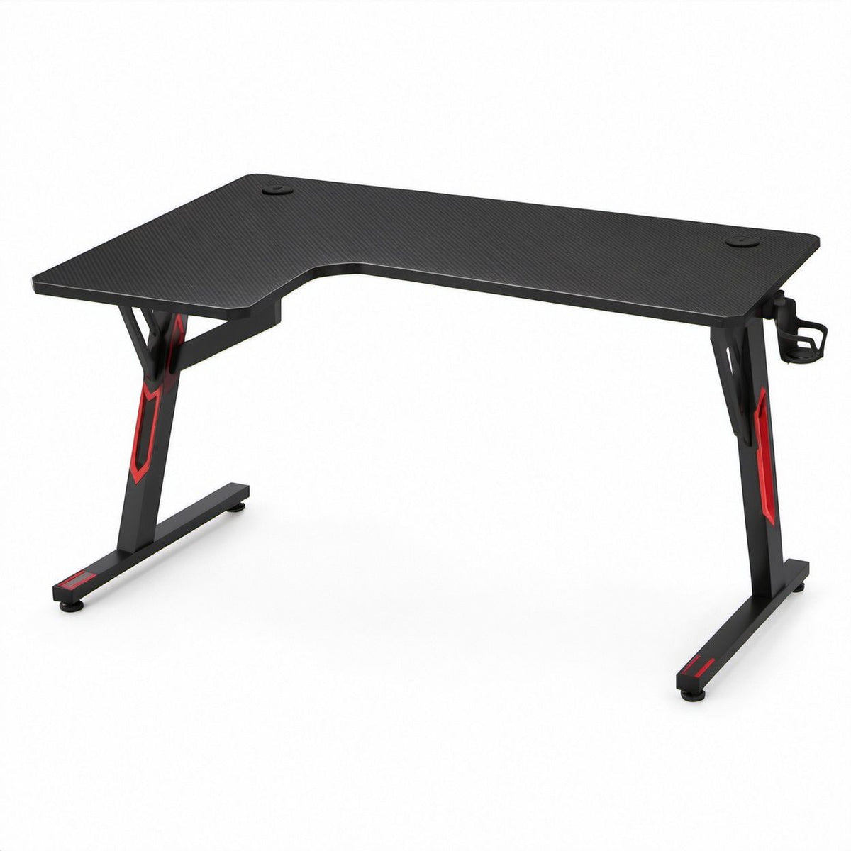 Gaming-Schreibtisch mit gebogener Vorderkante, Kabeldurchführungen und Becherhalter, Schwarz/Rot, 140 x 60 x 75 cm