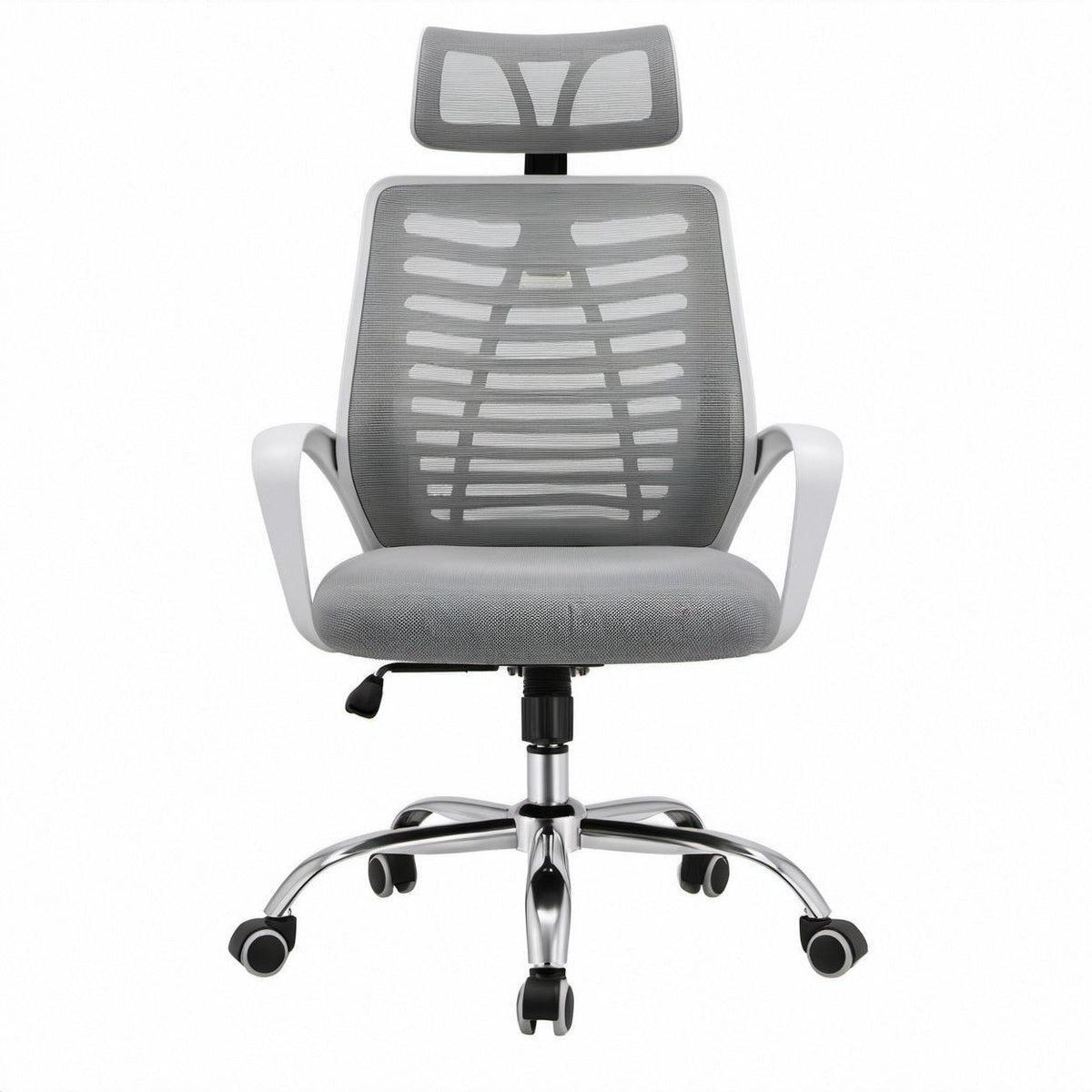 Ergonomischer Bürostuhl in Grau mit Kopfstütze, Netzrücken, Armlehnen und Rollen, 64 x 64 x 118–128 cm