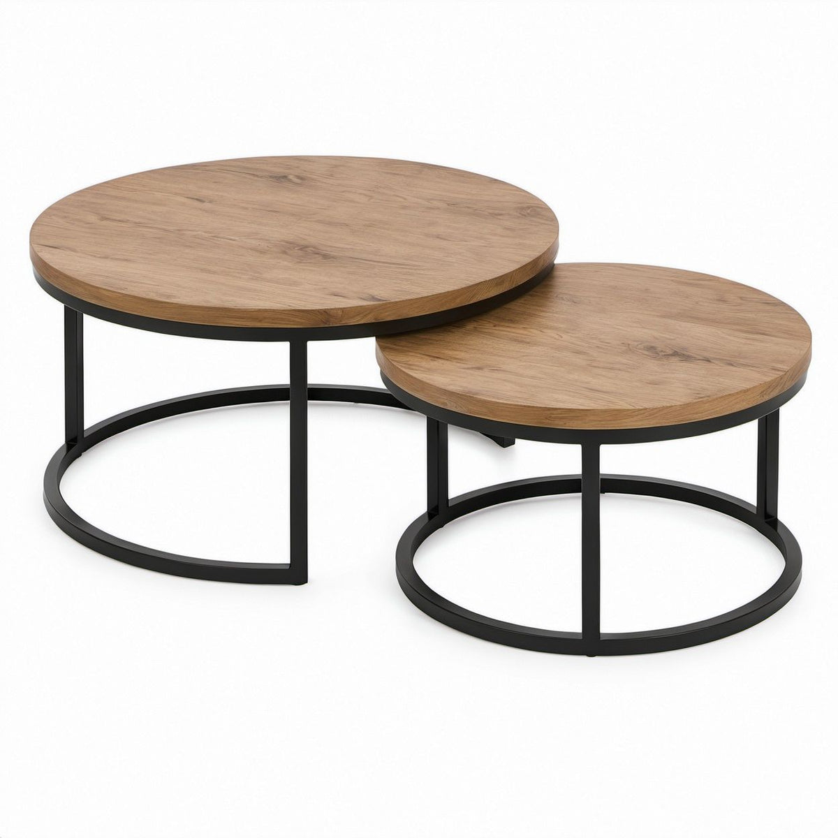 2-teiliges Rundtisch-Set in Eichefarben/Schwarz, Ø 80 x 45 cm und Ø 60 x 38 cm