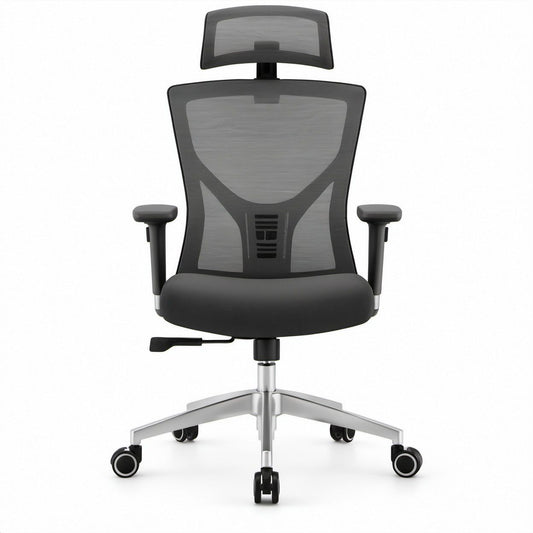 Ergonomischer Bürostuhl mit Kopfstütze, Netzrücken und Armlehnen, Schwarz/Silber, 66 x 66 x 118–128 cm