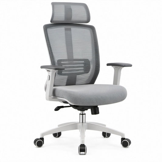 Ergonomischer Bürodrehstuhl mit Kopfstütze, Grau/Weiß/Schwarz, 65 x 65 x 118–128 cm