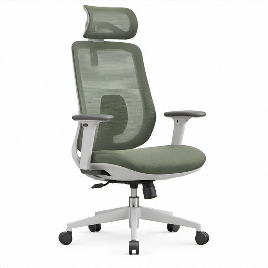 Ergonomischer Drehstuhl mit Kopfstütze, graugrün/hellgrau/schwarz, 64 x 64 x 119–129 cm