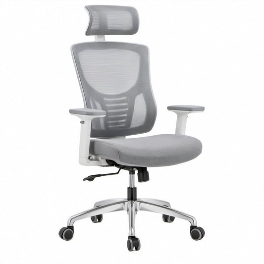 Ergonomischer Bürostuhl mit Kopfstütze, Hellgrau/Weiß/Silber/Schwarz, 66 x 66 x 118–128 cm