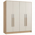 4-türiger Kleiderschrank in Creme, Eiche hell und Silberfarben, 200 x 52 x 200 cm