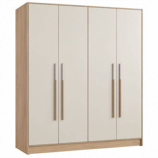 4-türiger Kleiderschrank in Creme, Eiche hell und Silberfarben, 200 x 52 x 200 cm