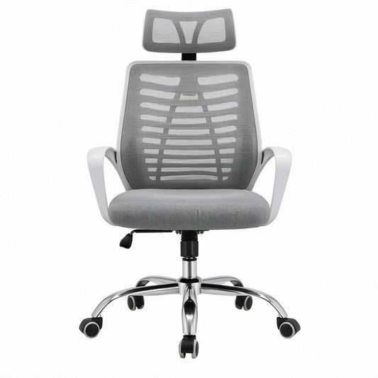 Ergonomischer Bürostuhl in Grau mit Kopfstütze, Netzrücken, Armlehnen und Rollen, 64 x 64 x 118–128 cm