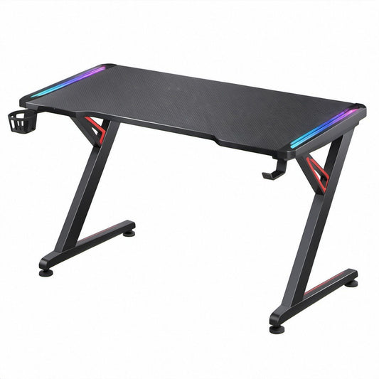 Gaming-Schreibtisch 120 x 60 x 75 cm in Schwarz-Rot mit Carbonoptik, RGB-Lichtleisten und Stahlgestell